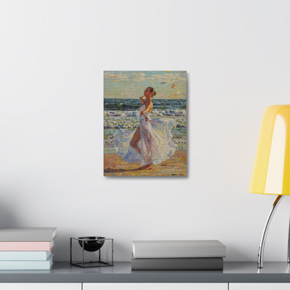 Beach Stroll Canvas Print — Woman in Flowing White Dress Seaside Wall Art