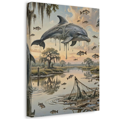Surreal Dolphin Marsh Stretched Canvas – Dripping Sky Whales Art Print