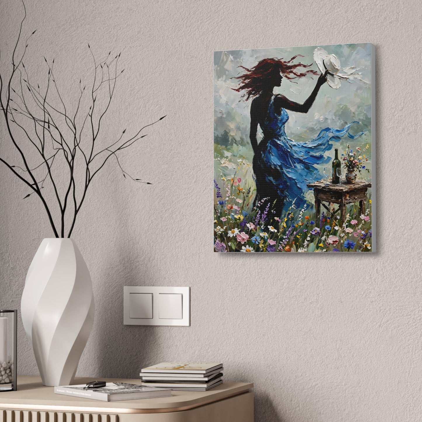 Canvas Wall Art – 'Windy Day' Woman in Blue Dress Painting (Stretched Canvas)