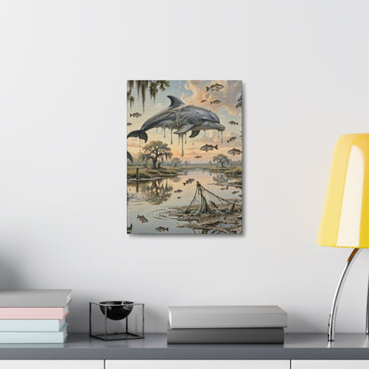 Surreal Dolphin Marsh Stretched Canvas – Dripping Sky Whales Art Print
