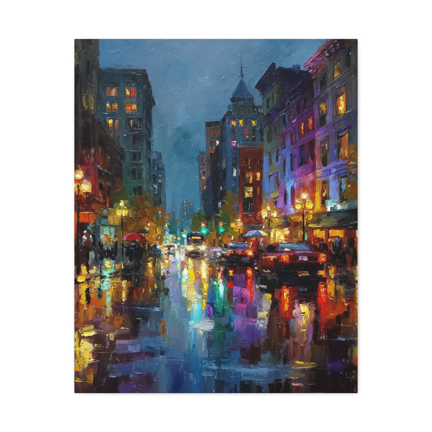 City Nightscape Stretched Canvas – Vibrant Rainy Street Urban Wall Art