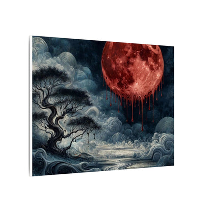 Blood Moon Canvas Art – Dripping Red Moon Over Misty Landscape, Matte Stretched Wall Art