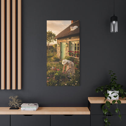 Cottage Garden Canvas Print — Woman Tending Flowers Matte Stretched Wall Art