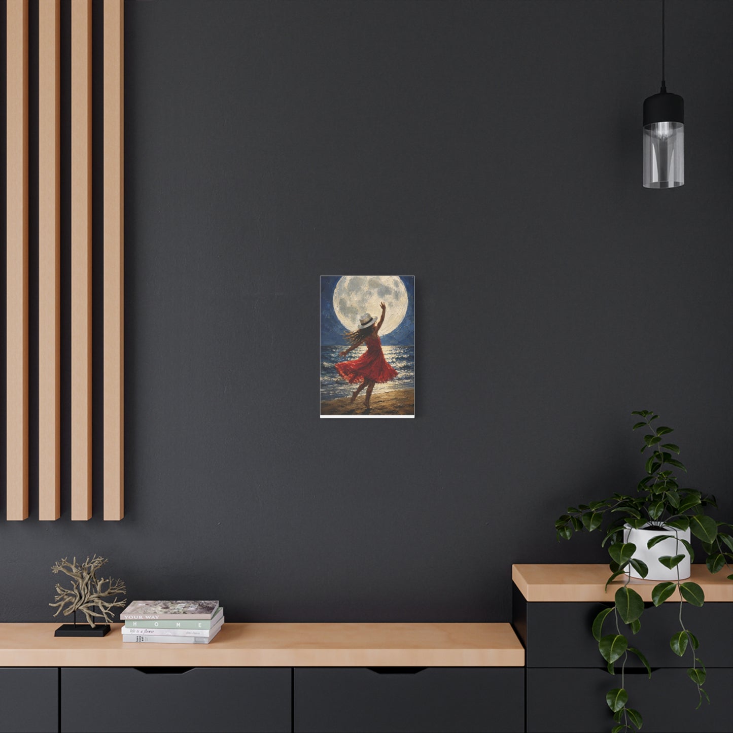 Moonlit Dance Canvas Wall Art – Woman in Red Dress Beach Painting