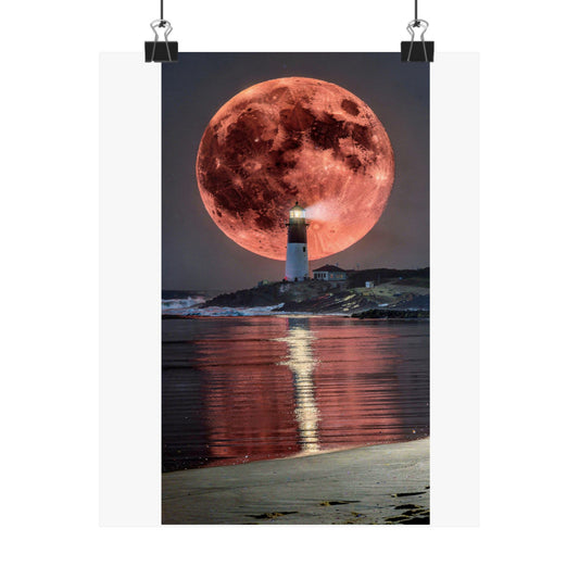Red Moon Lighthouse Matte Vertical Poster — Surreal Coastal Wall Art