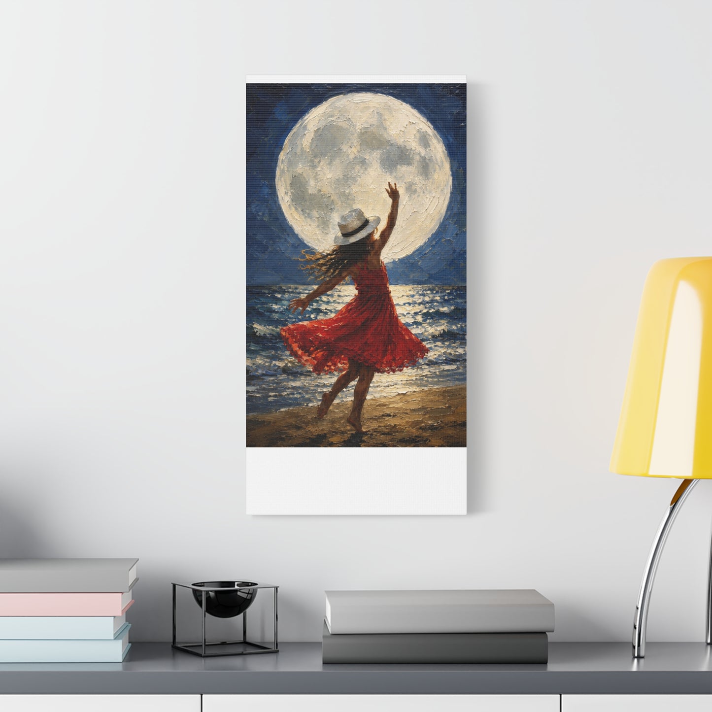 Moonlit Dance Canvas Wall Art – Woman in Red Dress Beach Painting
