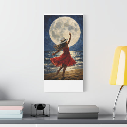 Moonlit Dance Canvas Wall Art – Woman in Red Dress Beach Painting
