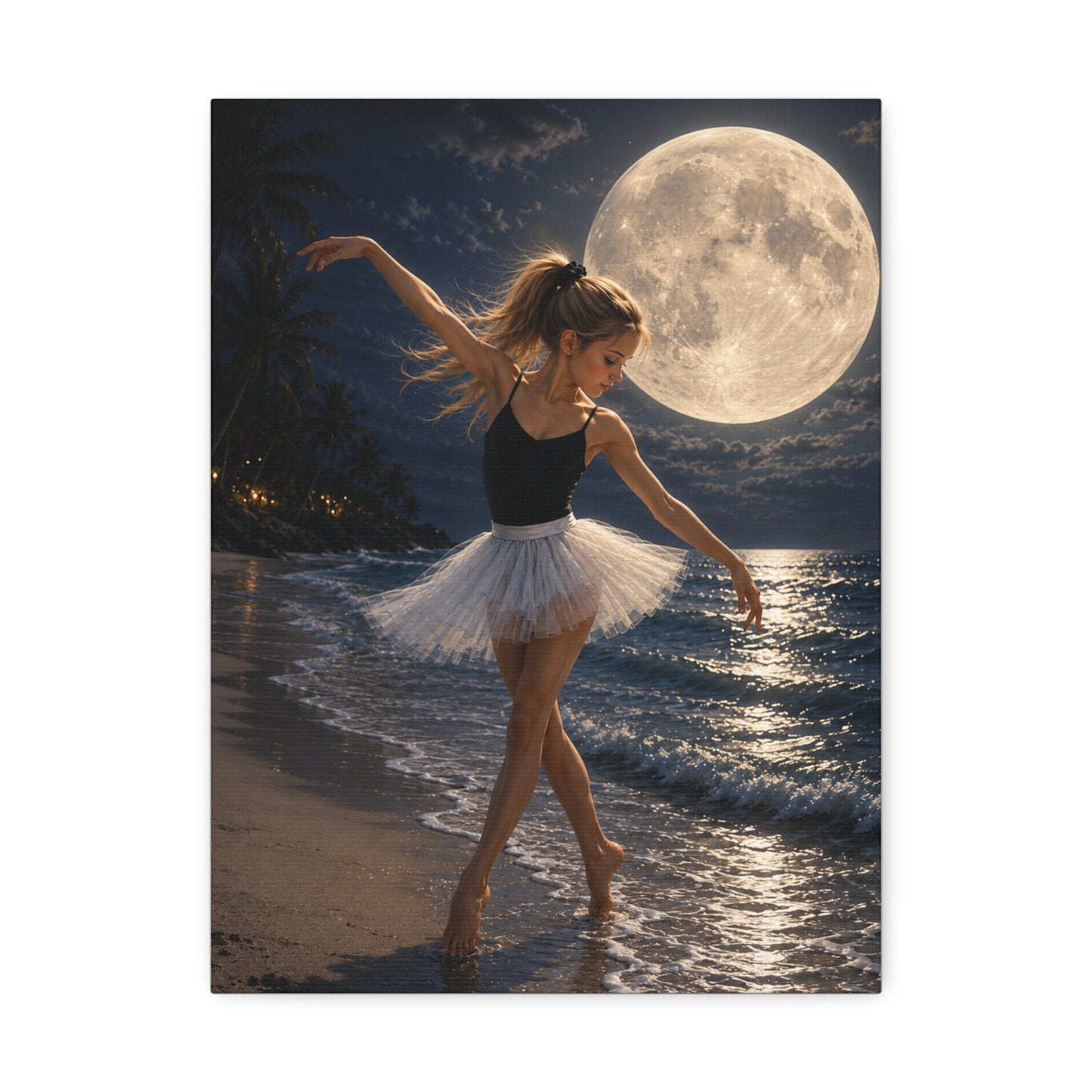 Ballerina Moonlit Beach Stretched Canvas — Dreamy Dance Wall Art