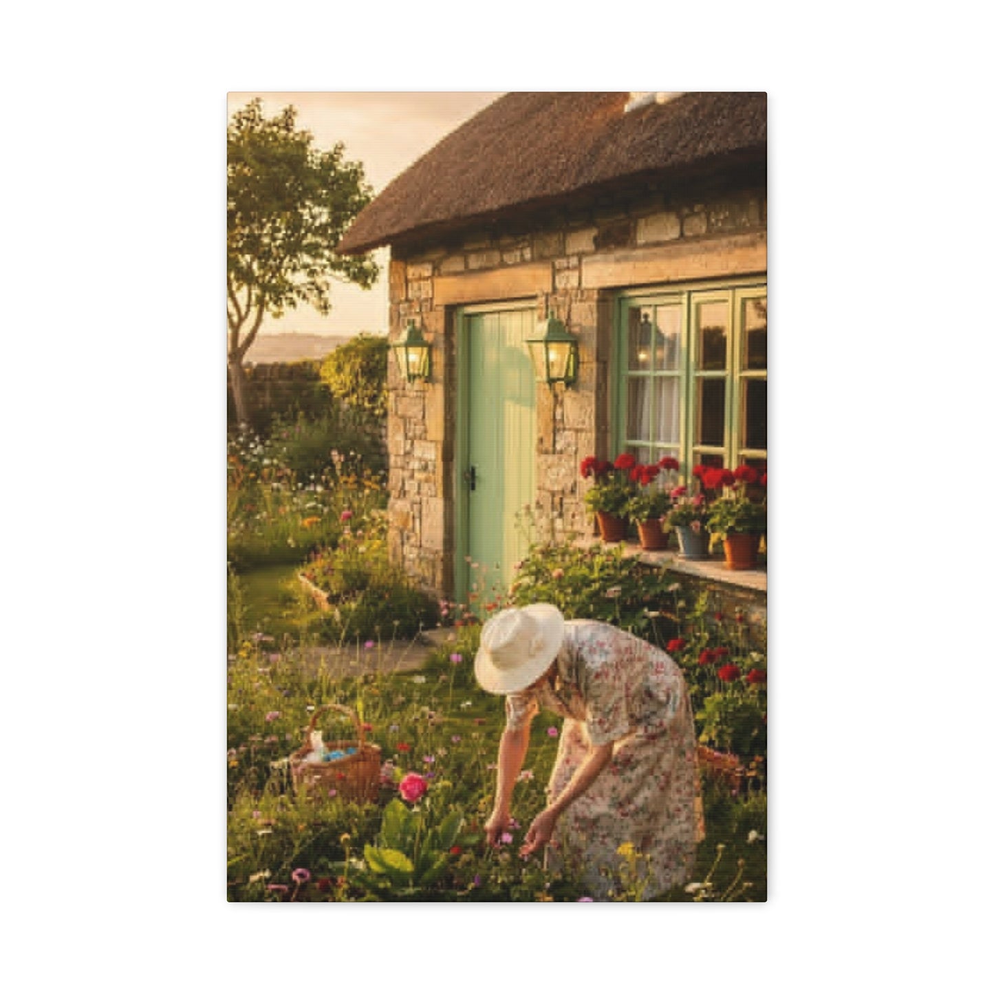 Cottage Garden Canvas Print — Woman Tending Flowers Matte Stretched Wall Art