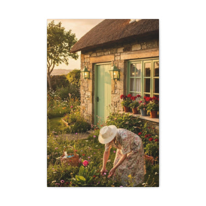 Cottage Garden Canvas Print — Woman Tending Flowers Matte Stretched Wall Art