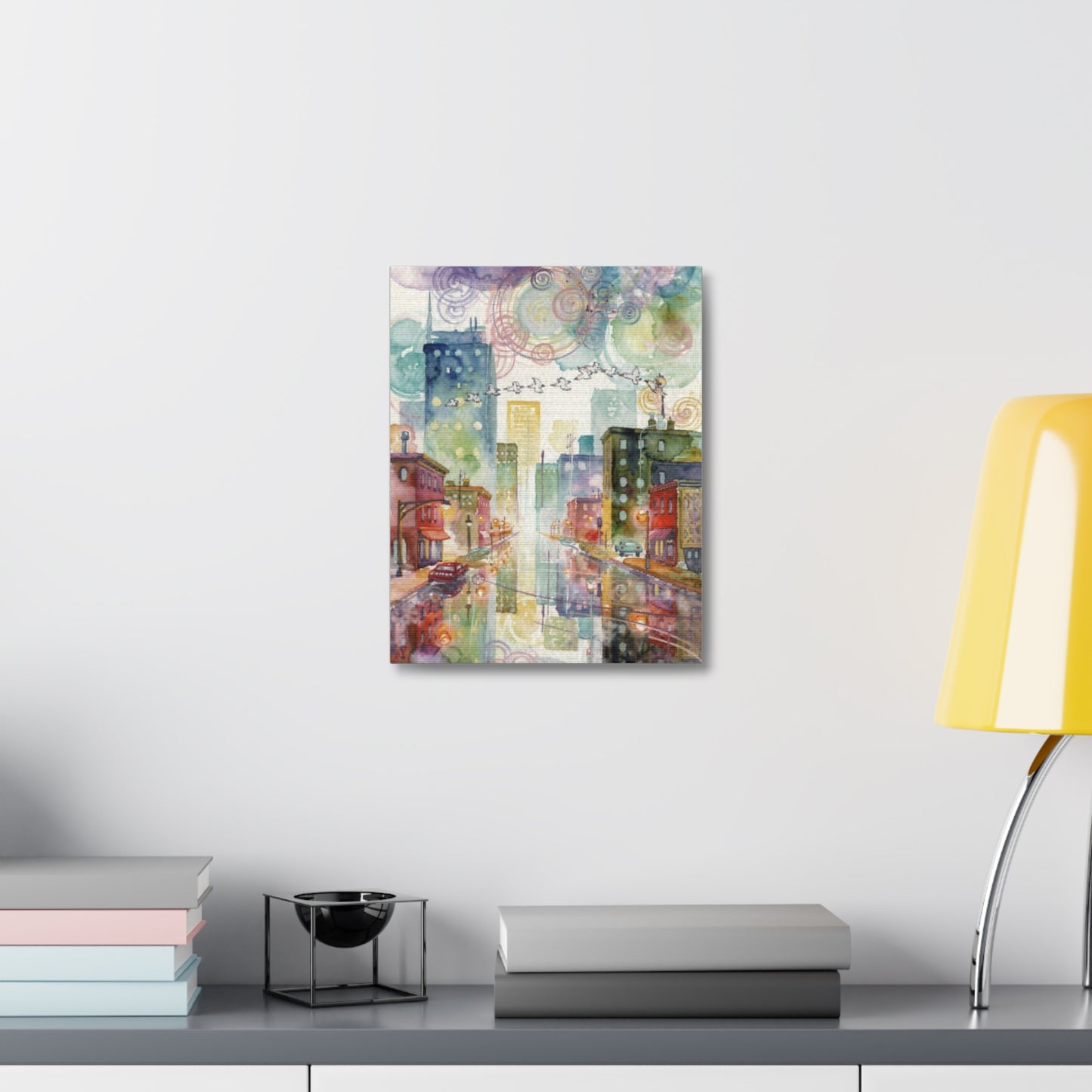 Cityscape Watercolor Stretched Canvas Wall Art — Dreamy Urban Skyline