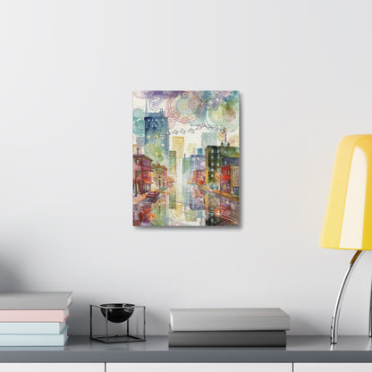 Cityscape Watercolor Stretched Canvas Wall Art — Dreamy Urban Skyline