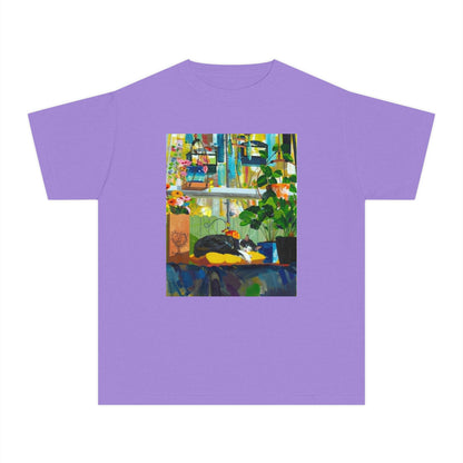 Youth Tee — Cozy Window Cat Print