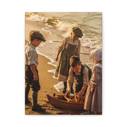 Vintage Children at the Beach Matte Canvas Wall Art (Stretched 1.25")