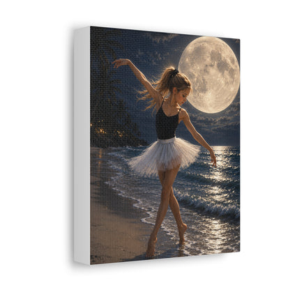 Ballerina Moonlit Beach Stretched Canvas — Dreamy Dance Wall Art