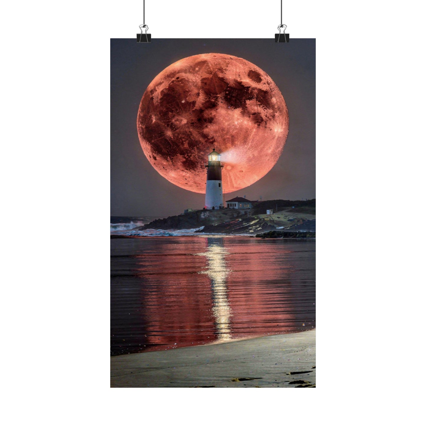 Red Moon Lighthouse Matte Vertical Poster — Surreal Coastal Wall Art