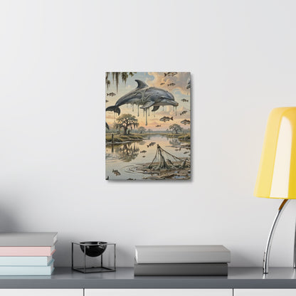 Surreal Dolphin Marsh Stretched Canvas – Dripping Sky Whales Art Print