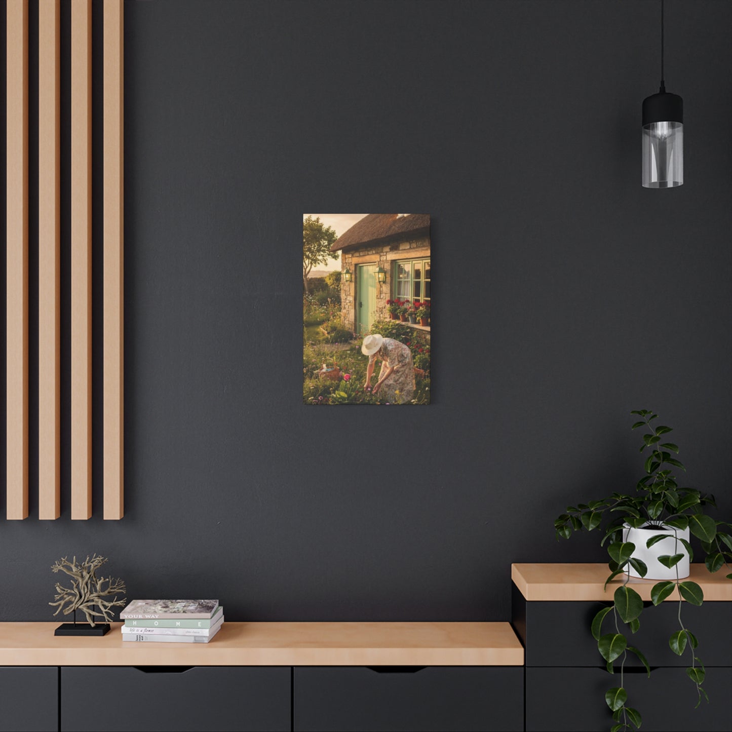 Cottage Garden Canvas Print — Woman Tending Flowers Matte Stretched Wall Art