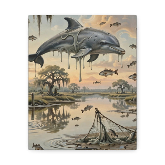 Surreal Dolphin Marsh Stretched Canvas – Dripping Sky Whales Art Print