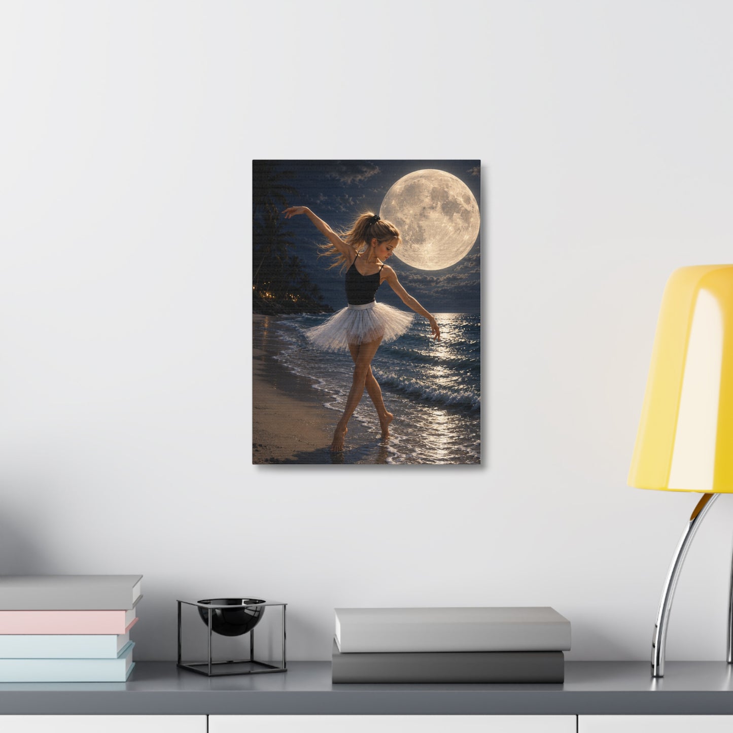 Ballerina Moonlit Beach Stretched Canvas — Dreamy Dance Wall Art