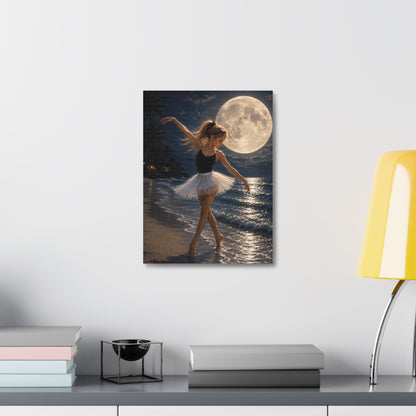 Ballerina Moonlit Beach Stretched Canvas — Dreamy Dance Wall Art