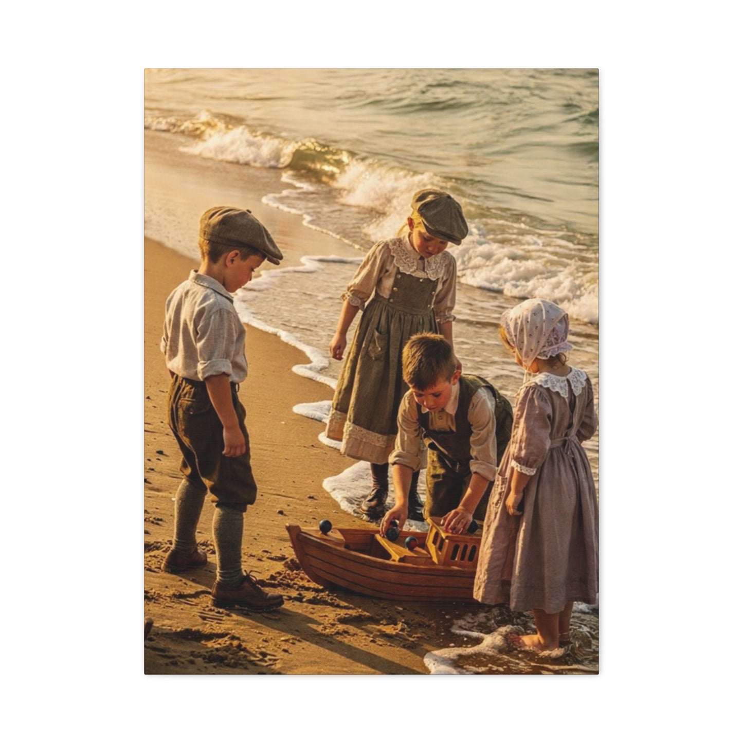 Vintage Children at the Beach Matte Canvas Wall Art (Stretched 1.25")