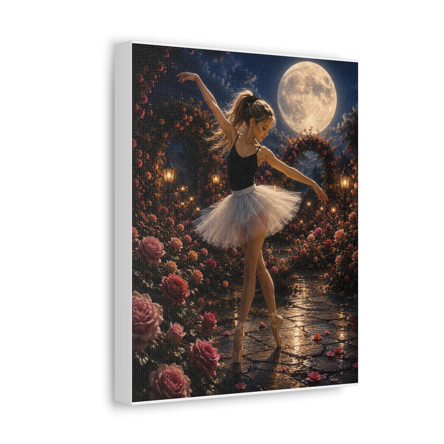 Ballet Moonlight Stretched Canvas — Dreamy Ballerina Night Garden Wall Art
