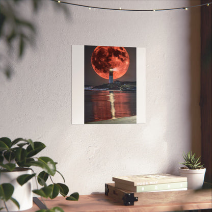 Red Moon Lighthouse Matte Vertical Poster — Surreal Coastal Wall Art