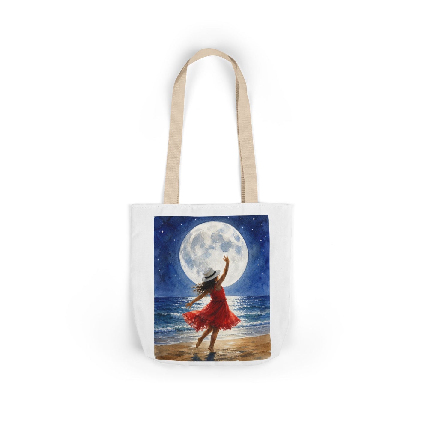 Moonlit Dance Canvas Tote Bag — Woman in Red Dress Beach Art Tote