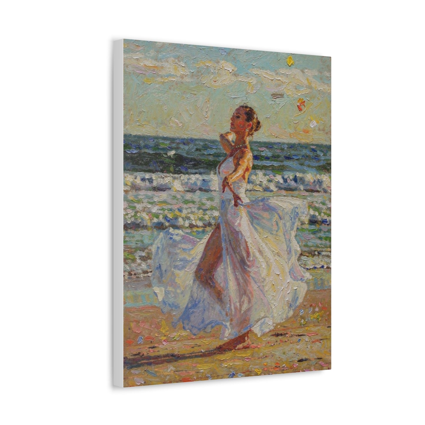 Beach Stroll Canvas Print — Woman in Flowing White Dress Seaside Wall Art