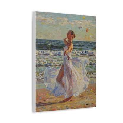 Beach Stroll Canvas Print — Woman in Flowing White Dress Seaside Wall Art