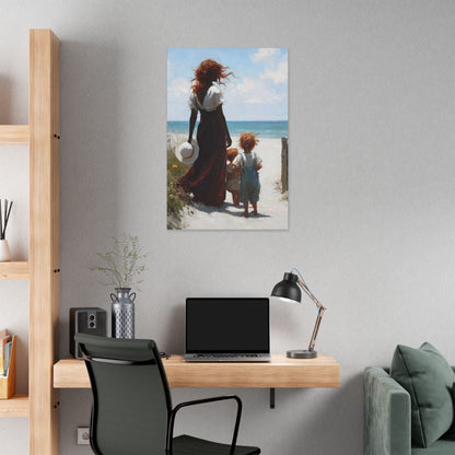 Beach Walk Canvas Print — Mother and Children Seaside Wall Art