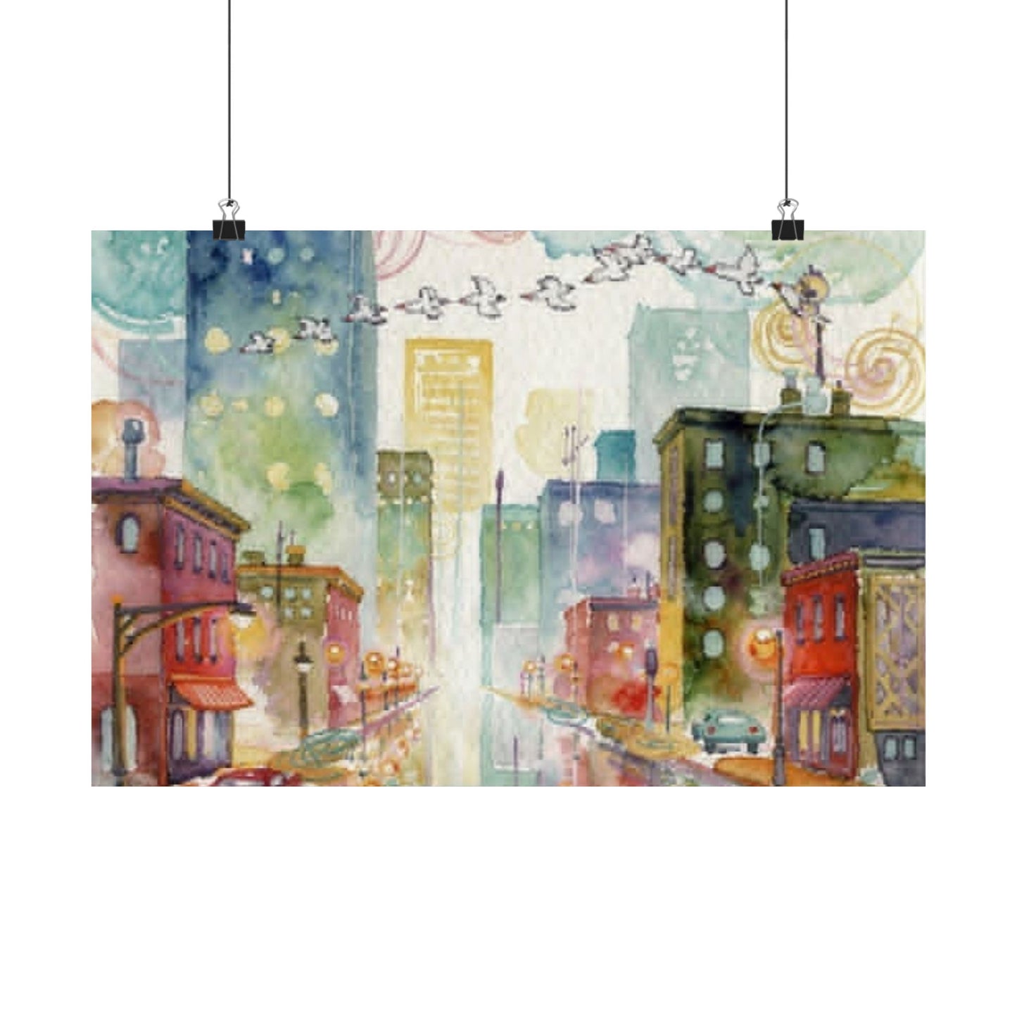 Watercolor Cityscape Matte Poster — Vibrant Urban Street Art Print