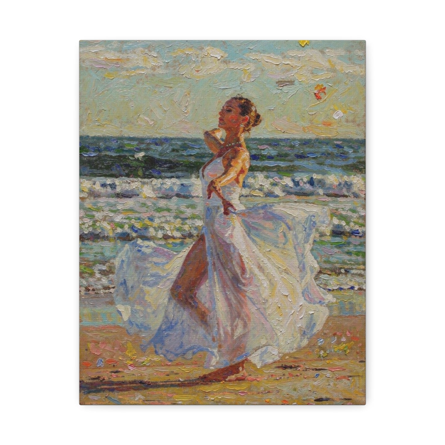 Beach Stroll Canvas Print — Woman in Flowing White Dress Seaside Wall Art