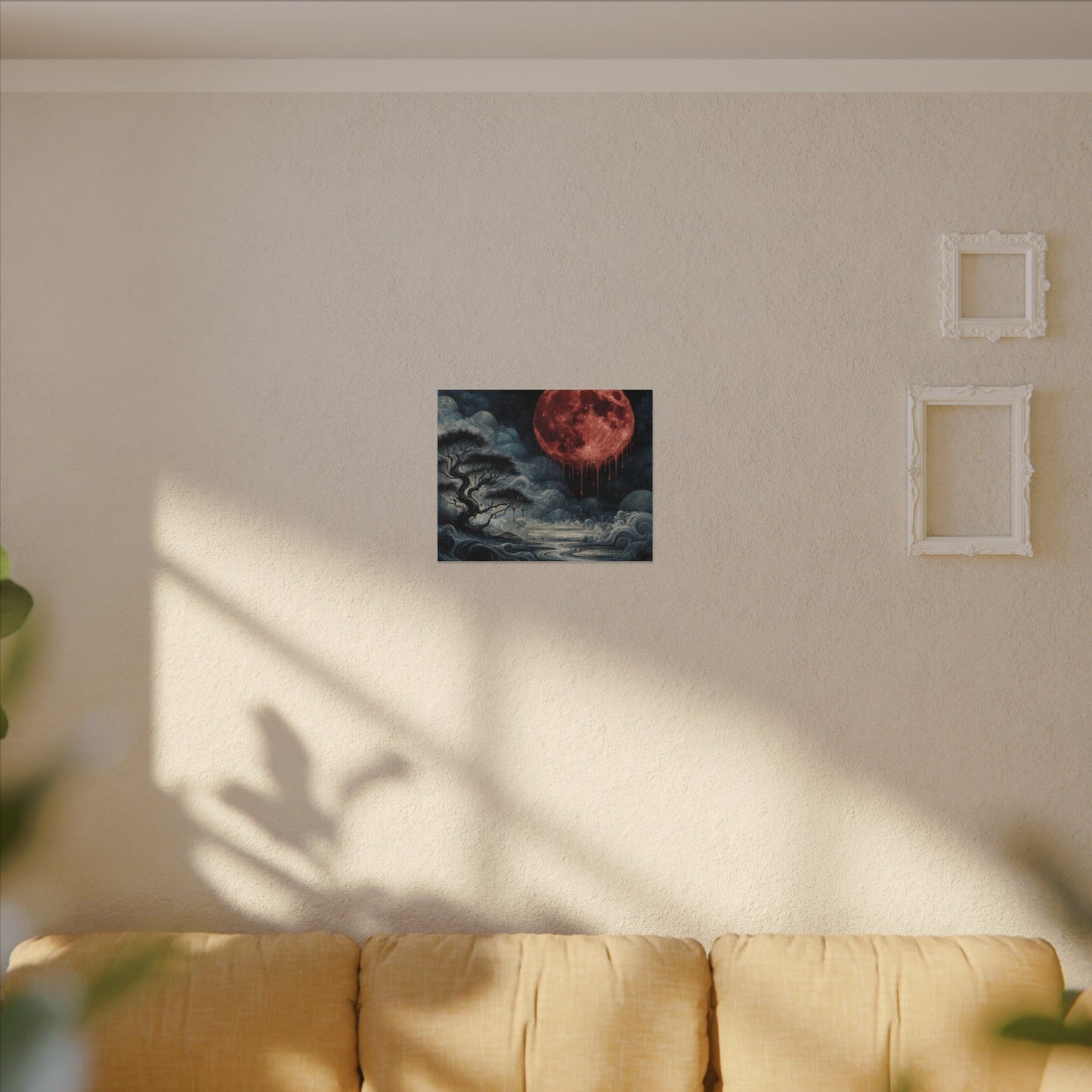 Blood Moon Canvas Art – Dripping Red Moon Over Misty Landscape, Matte Stretched Wall Art