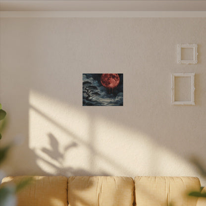 Blood Moon Canvas Art – Dripping Red Moon Over Misty Landscape, Matte Stretched Wall Art