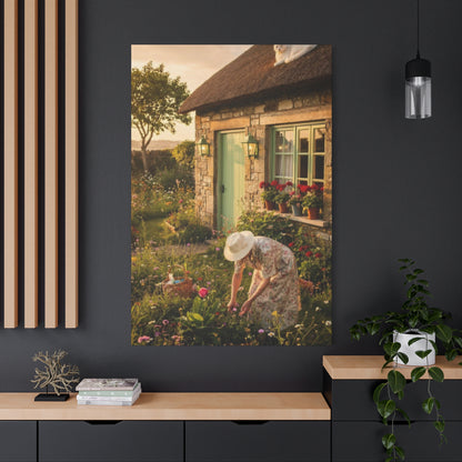 Cottage Garden Canvas Print — Woman Tending Flowers Matte Stretched Wall Art