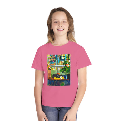 Youth Tee — Cozy Window Cat Print