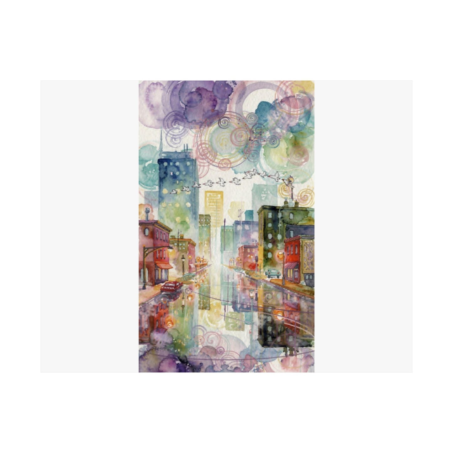 Watercolor Cityscape Matte Poster — Vibrant Urban Street Art Print