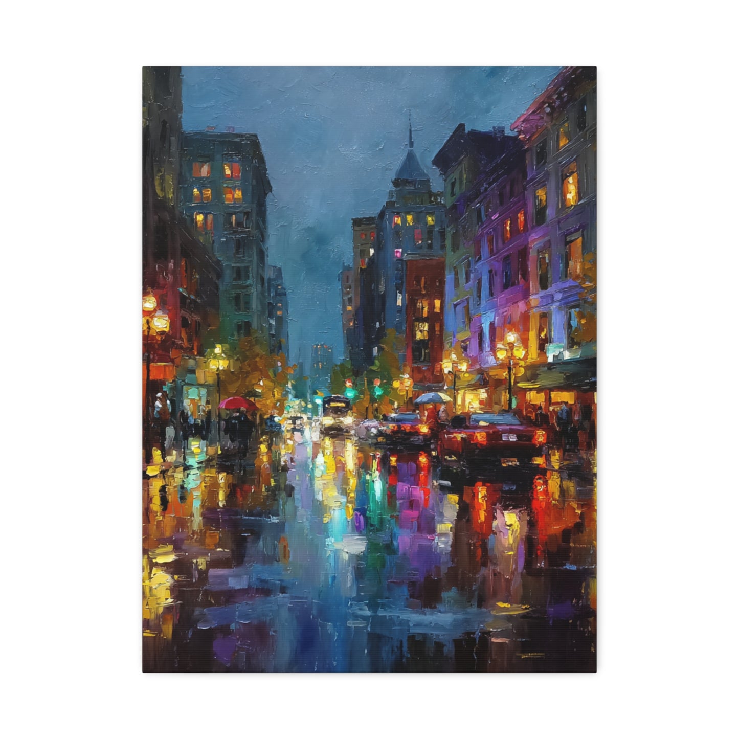 City Nightscape Stretched Canvas – Vibrant Rainy Street Urban Wall Art