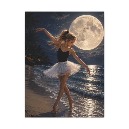 Ballerina Moonlit Beach Stretched Canvas — Dreamy Dance Wall Art