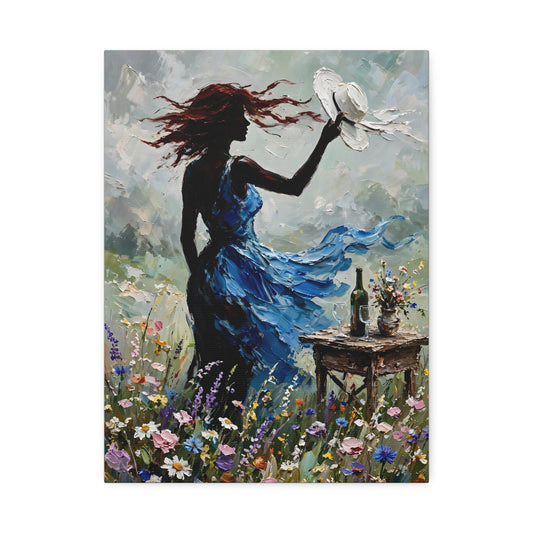 Canvas Wall Art – 'Windy Day' Woman in Blue Dress Painting (Stretched Canvas)