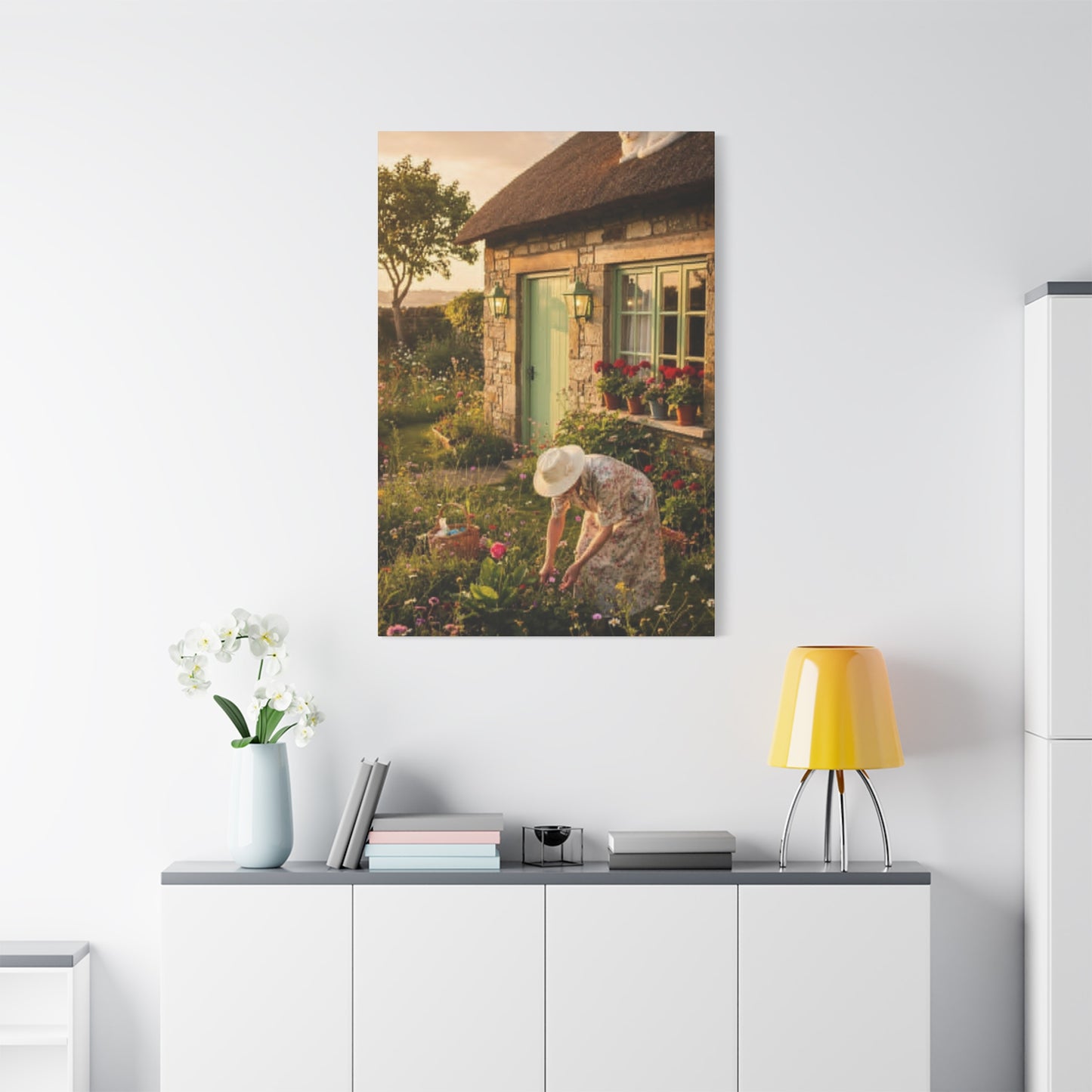 Cottage Garden Canvas Print — Woman Tending Flowers Matte Stretched Wall Art