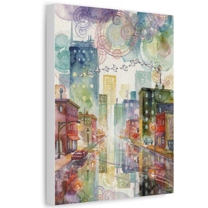 Cityscape Watercolor Stretched Canvas Wall Art — Dreamy Urban Skyline