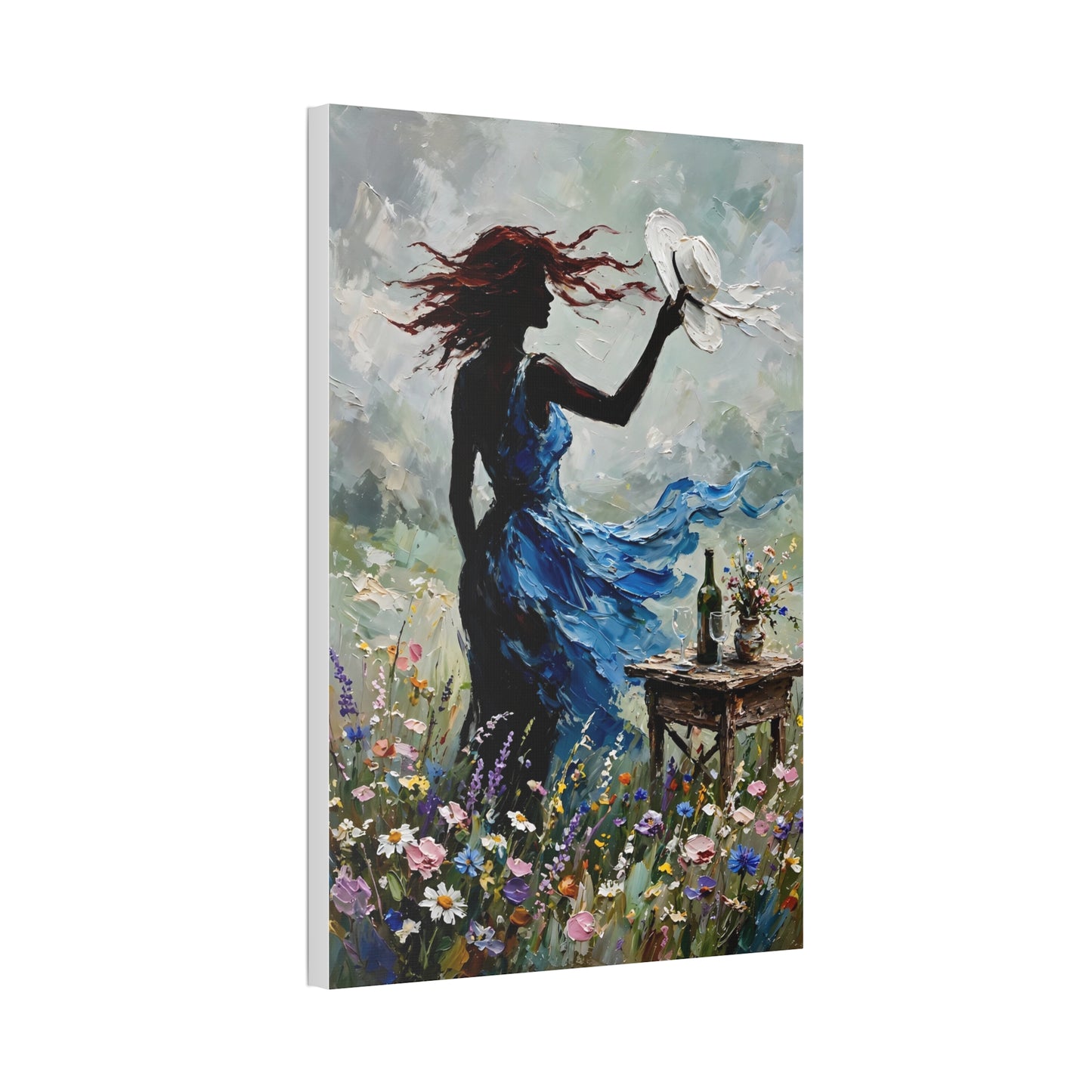 Canvas Wall Art – 'Windy Day' Woman in Blue Dress Painting (Stretched Canvas)