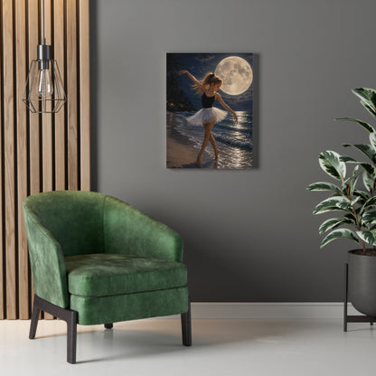 Ballerina Moonlit Beach Stretched Canvas — Dreamy Dance Wall Art