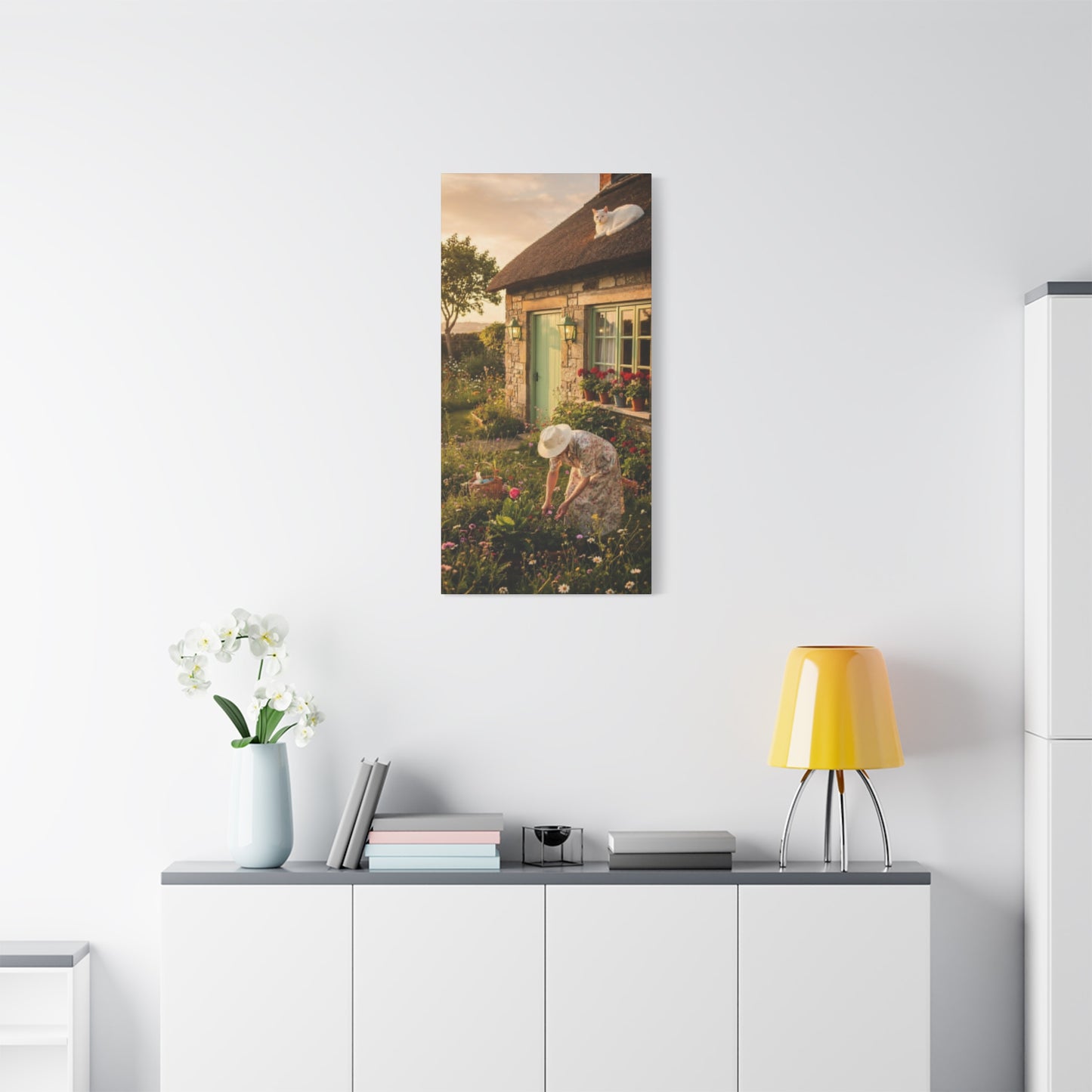 Cottage Garden Canvas Print — Woman Tending Flowers Matte Stretched Wall Art