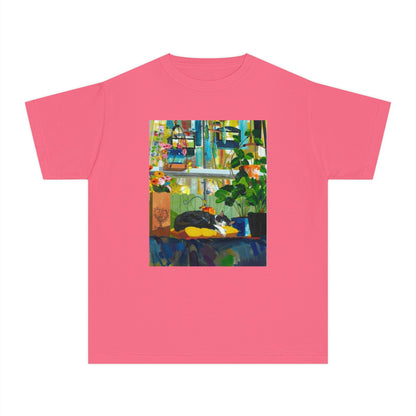 Youth Tee — Cozy Window Cat Print