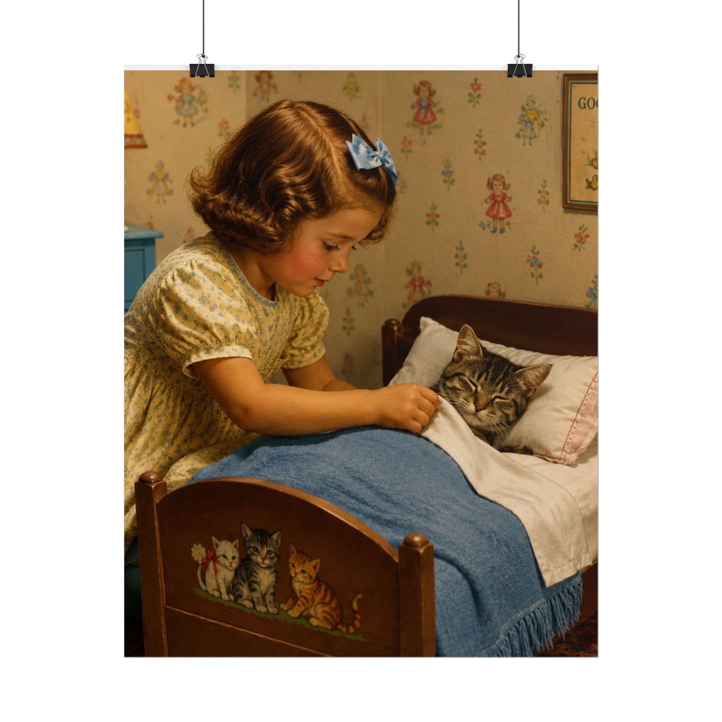 Vintage Nursery Poster — Girl Tucking Kitten into Bed (Rolled Poster)