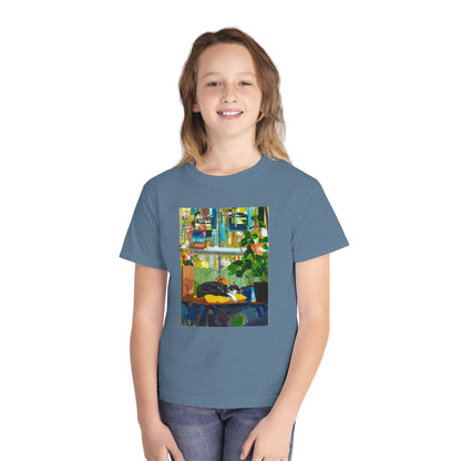 Youth Tee — Cozy Window Cat Print